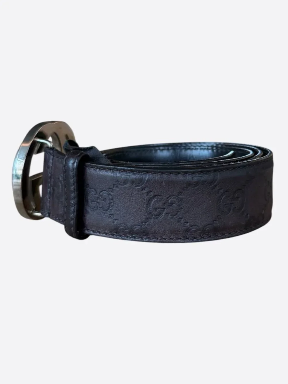 Gucci Brown & Silver GG Buckle Monogram Belt